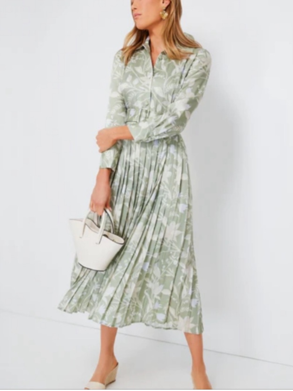 Tuckernuck Sage Green Cream Print Pleated Shirt Dress